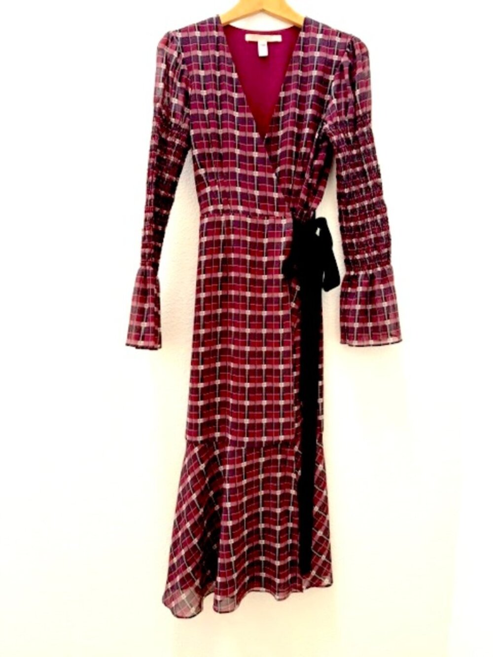 Hutch Burgundy Wrap Dress with velvet tie straps #hutch #burgundy #velvet #plaid